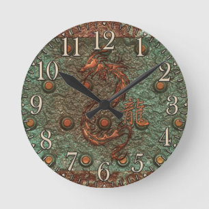 Asian Copper Dragon Rusty Metal Fantasy Art Clock Runde Wanduhr