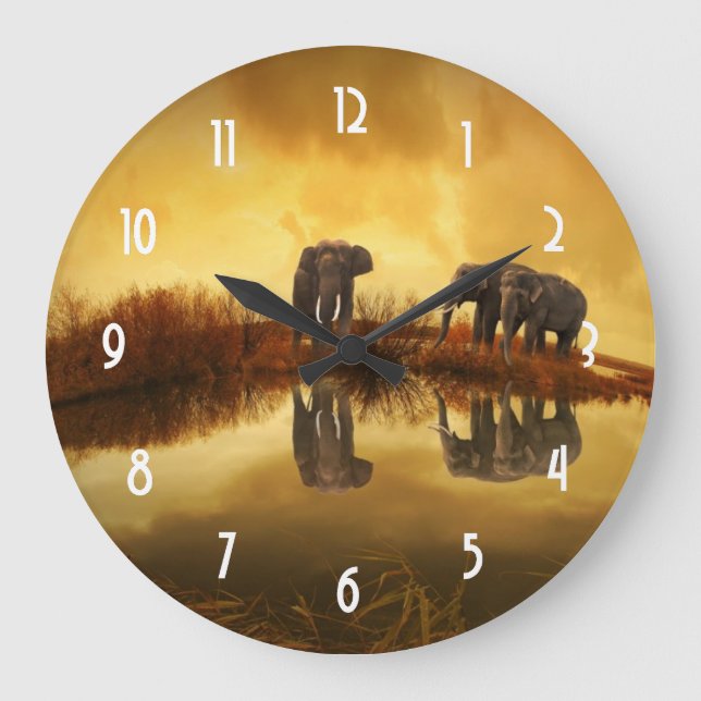 Asian Elephants in Thailand under a glowing sunset Große Wanduhr (Vorderseite)