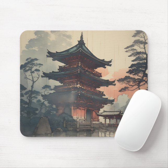 Asian House Woodblock Art Mousepad (Mit Mouse)