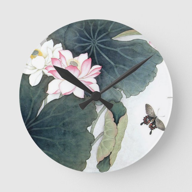 Asian Lotus Leaf Pink Blumen Butterfly Kunst Cool Runde Wanduhr (Vorderseite)