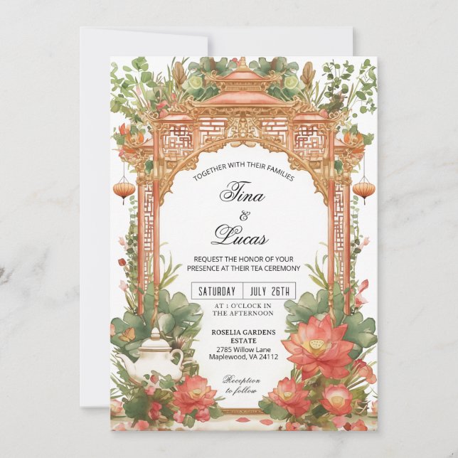 Asian Lotus Tea Ceremony Wedding Invitation (Devant)