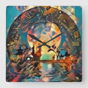 Asian night silhouettes in moon light quadratische wanduhr