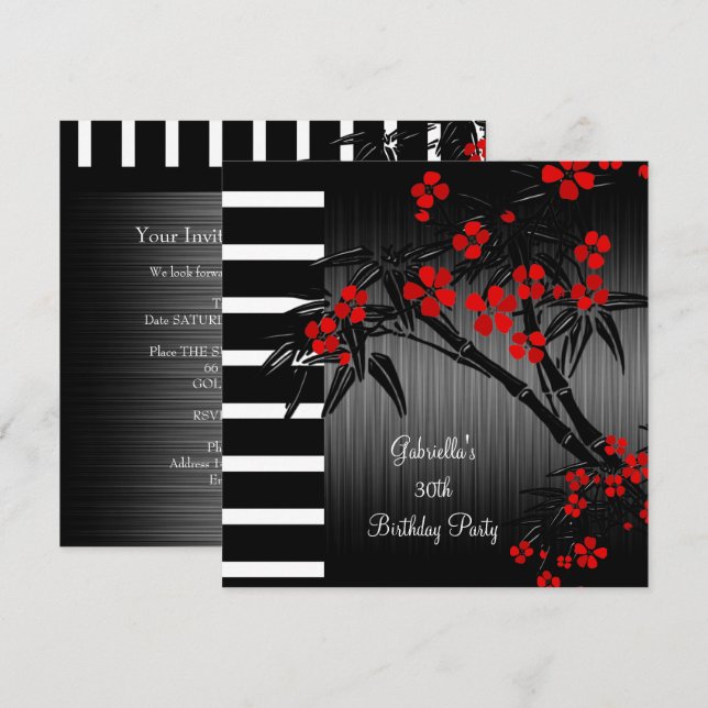 Asian Red Floral Schwarz-weiß Bamboo 30. Geburtsta Einladung (Vorne/Hinten)