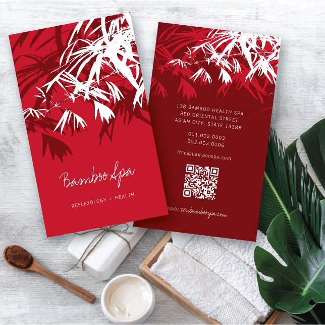 Asian Zen Red Bamboo Blätter Moderner Orientaler W Visitenkarte (Oriental Asian Bamboo Leaves Modern Zen Spa Business Card / Profile Card @ fatfatin_red_knot)