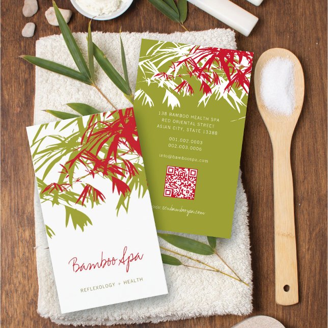 Asian Zen Red Bamboo Blätter Moderner Orientaler W Visitenkarte (Oriental Asian Bamboo Leaves Modern Zen Spa Business Card / Profile Card @ fatfatin_red_knot)