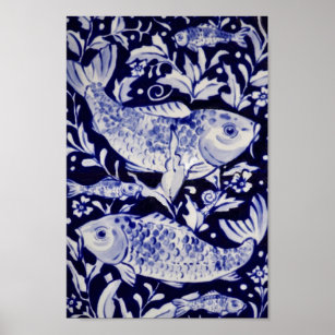 Asiatisch-blauer Koi Fisch Geführter Rundgang Kuns Poster