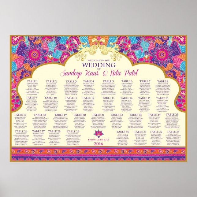 Asiatisch - Hochzeit - Henna - Sitzplan für Tische Poster (Vorne)