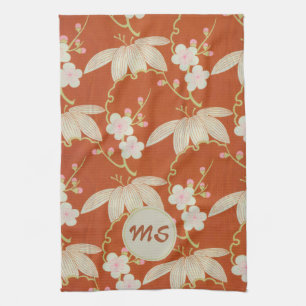 Asiatisch Rot und Creme Floral Monogram Küchentuch