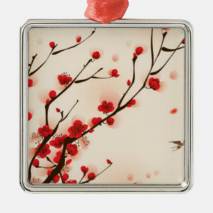 Asiatische Art-Malerei, Pflaumen-Blüte im Frühja Silbernes Ornament
