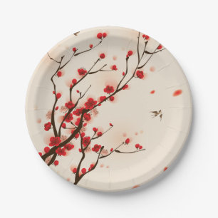 Asiatische Art-Malerei-Pflaumen-Blüte im Frühjah Pappteller