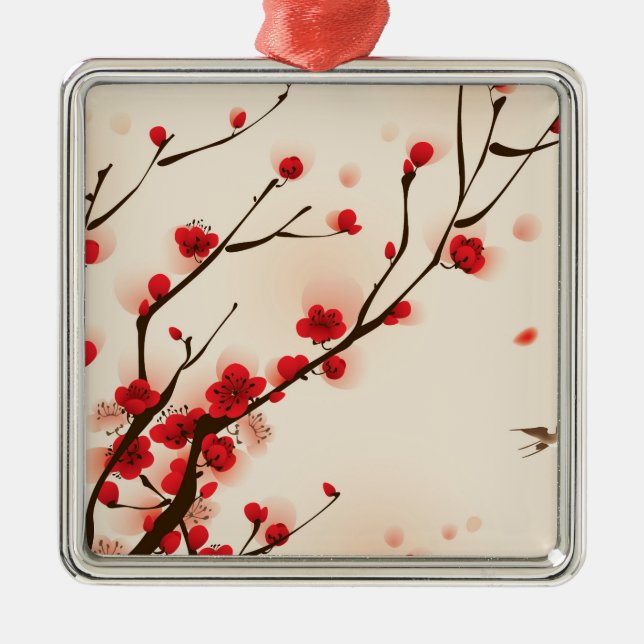 Asiatische Art-Malerei, Pflaumen-Blüte im Frühjahr Silbernes Ornament (Vorne)