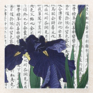 Asiatische Blaue Schwertlilie auf Kanji-Hintergrun Glasuntersetzer
