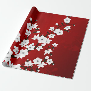 Asiatische Blumen Rot Weiße Kirschblüten Geschenkpapier