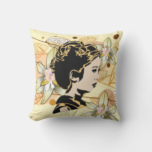 Asiatische Dame und Herbstlaub-Kissen Kissen