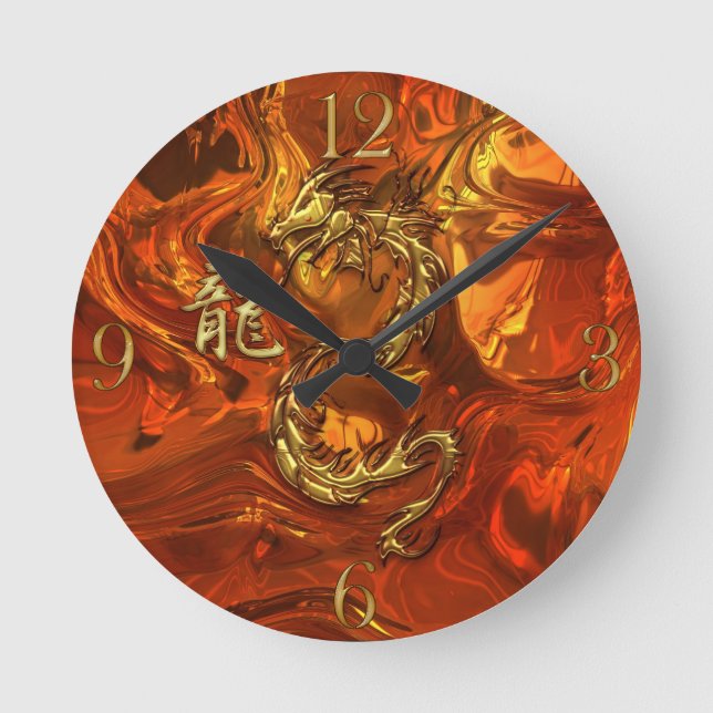 Asiatische Drache-u. GoldKanji-flüssiges Runde Wanduhr (Vorderseite)