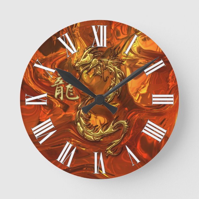 Asiatische Drachen- und Gold-Kanji geschmolzene Ma Runde Wanduhr (Vorderseite)