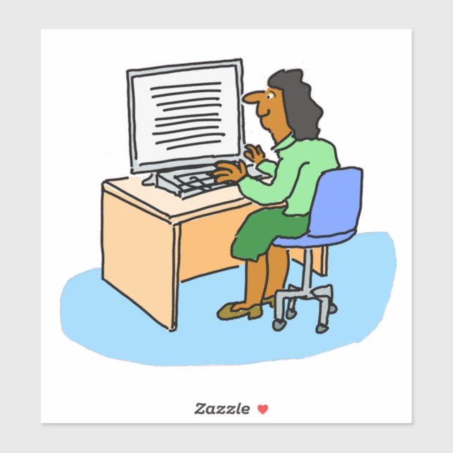 Asiatische Frau, die an einem Computeraufkleber ar Aufkleber (Blatt)