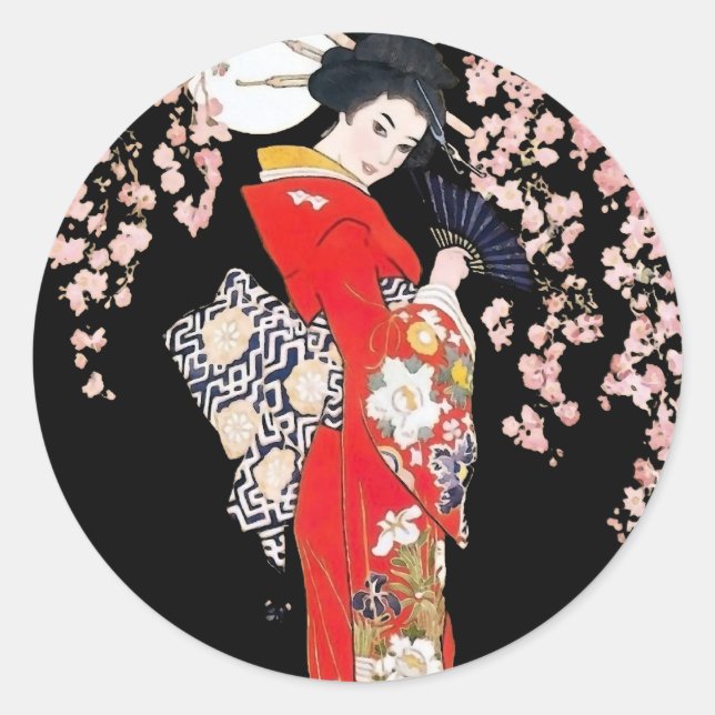 Asiatische Frau mit Cherry-Blossom-Nacht Runder Aufkleber (Vorderseite)