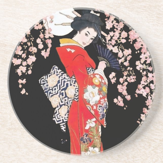 Asiatische Frau mit Kirschblüten-Nacht Sandstein Untersetzer (Vorne)
