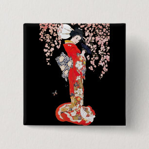 Asiatische Frau mit Kirschblütennacht Button