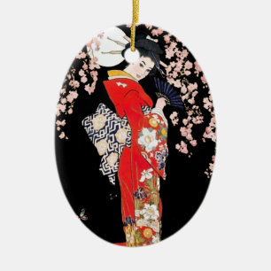 Asiatische Frau mit Kirschblütennacht Keramik Ornament