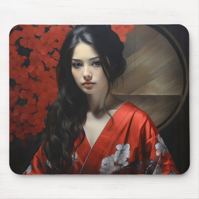 Asiatische Frau Red Kimono Mousepad (Vorne)