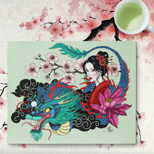 Asiatische Geisha-Drache Kirschblüten Blau
