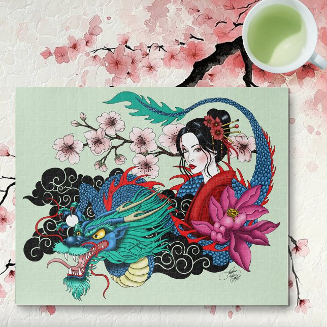 Asiatische Geisha-Drache Kirschblüten Blau (Von Creator hochgeladen)
