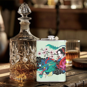 Asiatische Geisha-Drache Kirschblüten Blau Flachmann