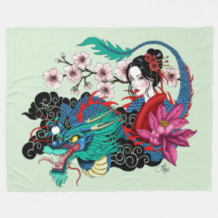 Asiatische Geisha-Drache Kirschblüten Blau Fleecedecke