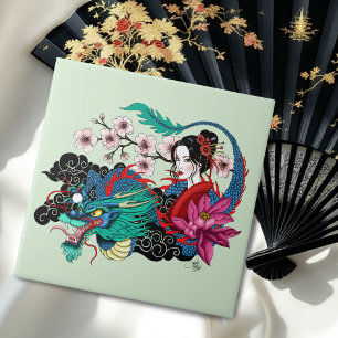 Asiatische Geisha-Drache Kirschblüten Blau Fliese