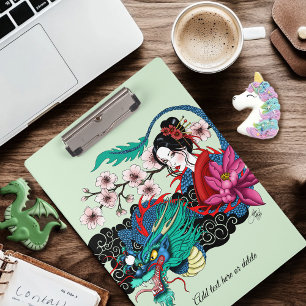 Asiatische Geisha-Drache Kirschblüten Blau Klemmbrett