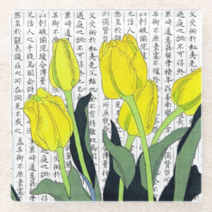 Asiatische Gelbe Tulpen im Kanji Hintergrund Glasuntersetzer