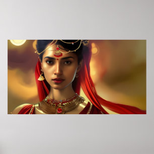 Asiatische indische Frau farbenfrohes rotes golden Poster