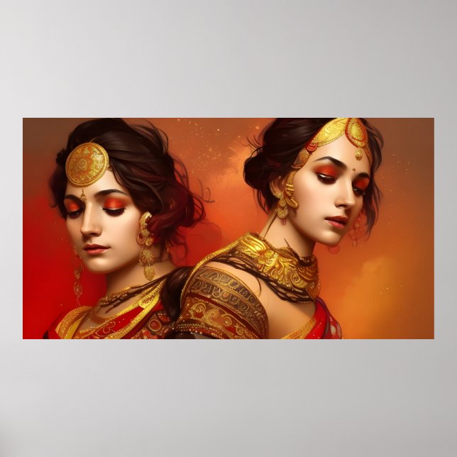 Asiatische indische Frauen 2 farbige rote goldene Poster (Vorne)