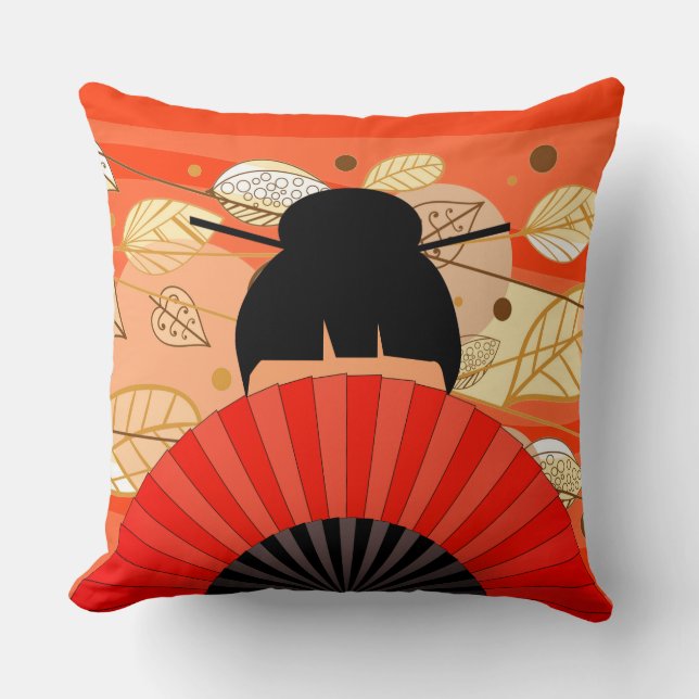 Asiatische Lady & Fan mit Herbstpilz Kissen (Vorderseite)