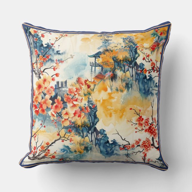Asiatische Landschaft mit Pagoda Kissen (Vorderseite)