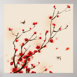 asiatische Malerei Pflaumenblüte im Frühjahr Poster