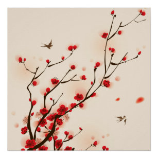 asiatische Malerei Pflaumenblüte im Frühjahr Poster