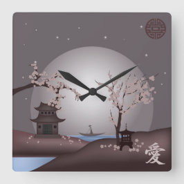 Asiatische Mondlandschaft Blüte rosa Quadratische Wanduhr