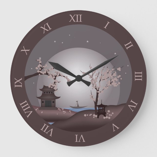 Asiatische Mondlicht-Rosa-Blüte Pagode digitale Ku Große Wanduhr (Vorderseite)
