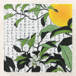 Asiatische Orangenblüten auf Kanji-Hintergrund Glasuntersetzer