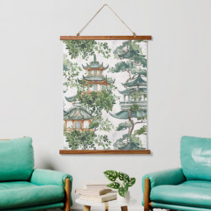 Asiatische Pagode in Verdant Landscape (10) Wandteppich Mit Holzrahmen