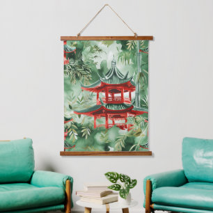 Asiatische Pagode in Verdant Landscape (14) Wandteppich Mit Holzrahmen