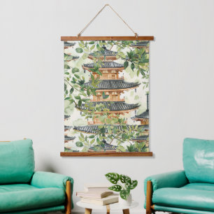 Asiatische Pagode in Verdant Landscape (16) Wandteppich Mit Holzrahmen