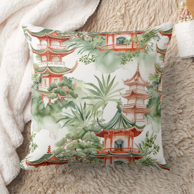Asiatische Pagode in Verdant Landscape (3) Kissen (Decke)