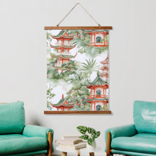 Asiatische Pagode in Verdant Landscape (3) Wandteppich Mit Holzrahmen