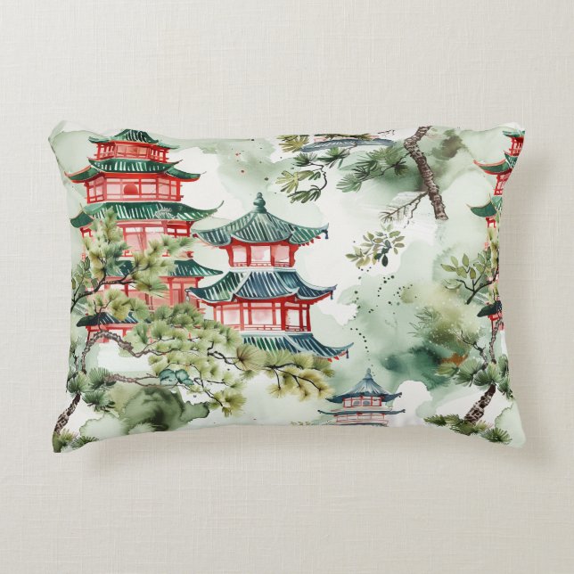 Asiatische Pagode in Verdant Landscape (4) Dekokissen (Vorderseite)
