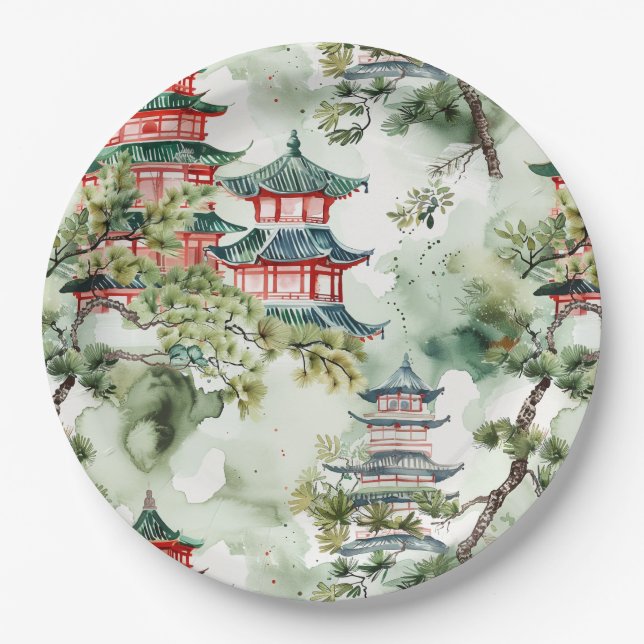 Asiatische Pagode in Verdant Landscape (4) Pappteller (Vorderseite)