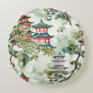 Asiatische Pagode in Verdant Landscape (4) Rundes Kissen